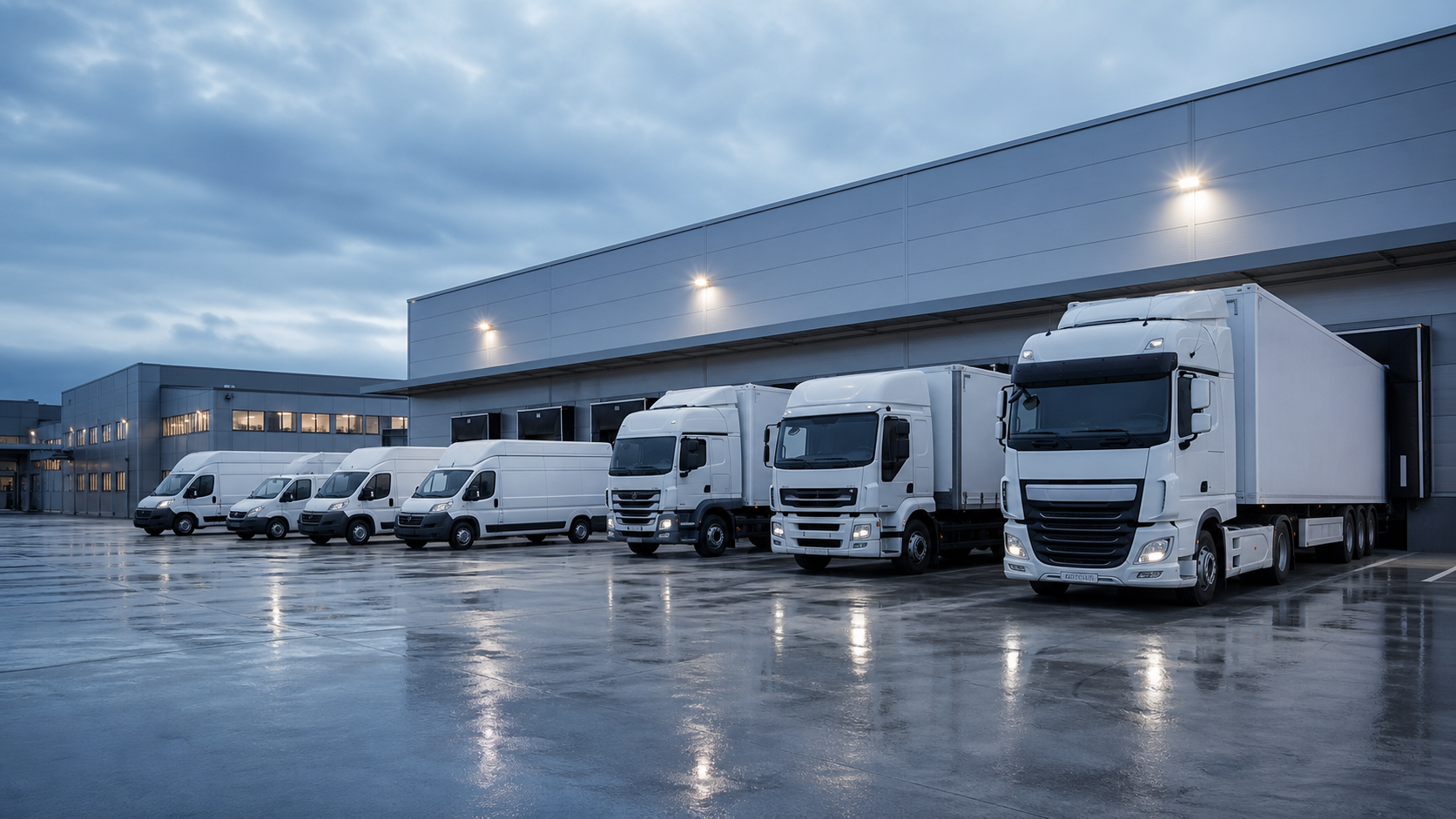 Fleet of commercial vehicles including vans, trucks and trailers